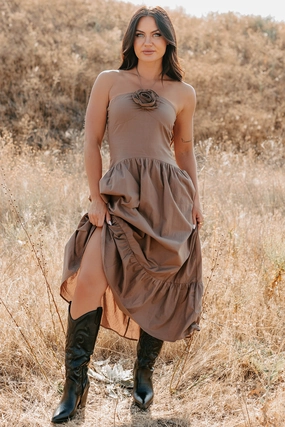 Charming The Night Halter Maxi Dress (Chocolate) SmoothEdgeFinish Subtle Motion