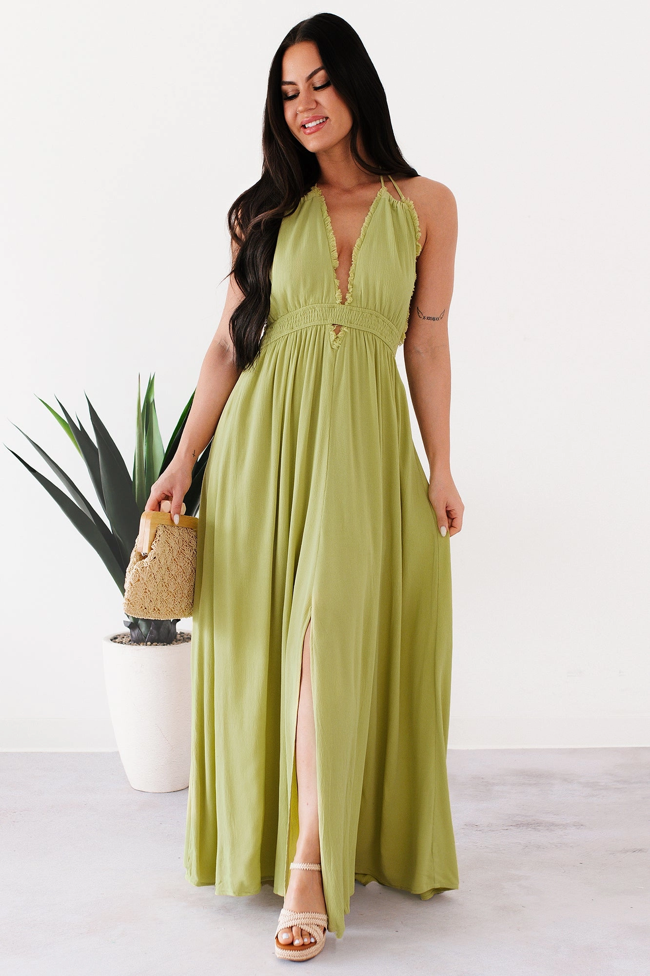 Chasing Glances Halter Maxi Dress (Matcha) Holiday-Party