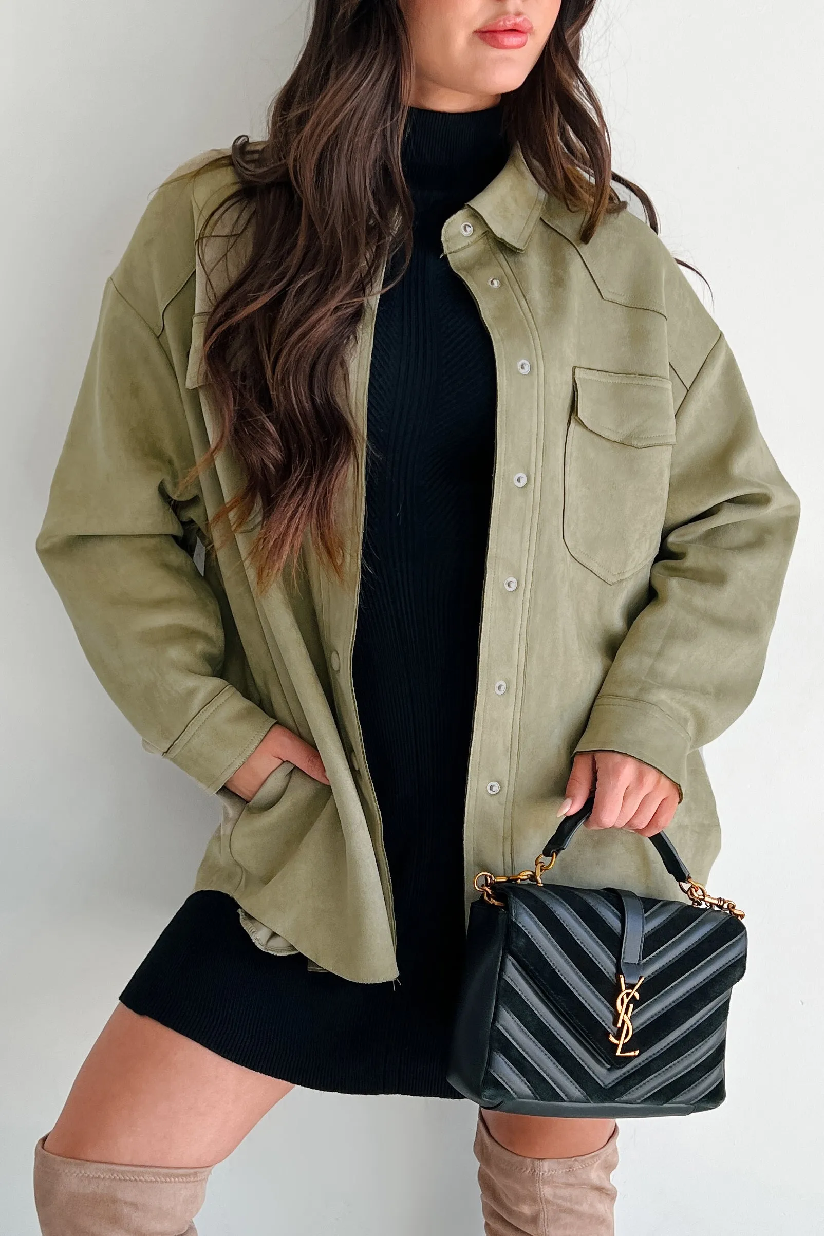 Light Padding Heading To Town Oversized Faux Suede Shacket (Olive)