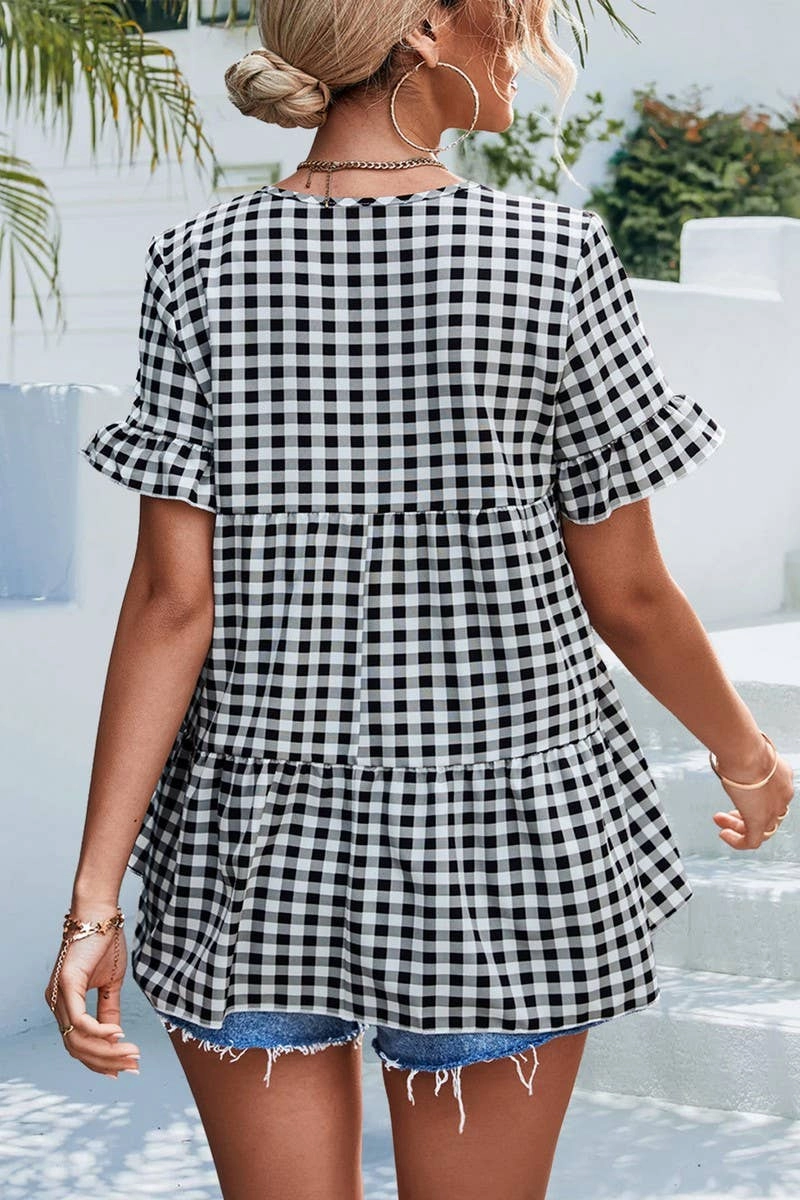 Unstructured Fit CHECKERED V NECK SHORT SLEEVED SHIRT_CWTSTS0201