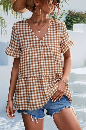 Button Down Collar Style CHECKERED V NECK SHORT SLEEVED SHIRT_CWTSTS0201
