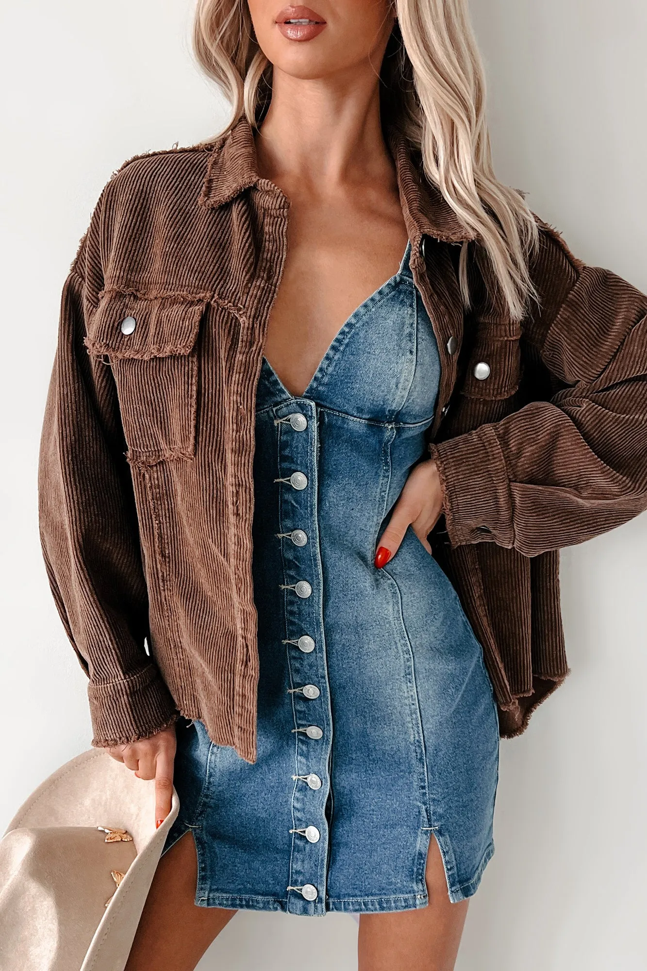 Casually Coasting Corduroy Shacket (Brown) Foldable Storage