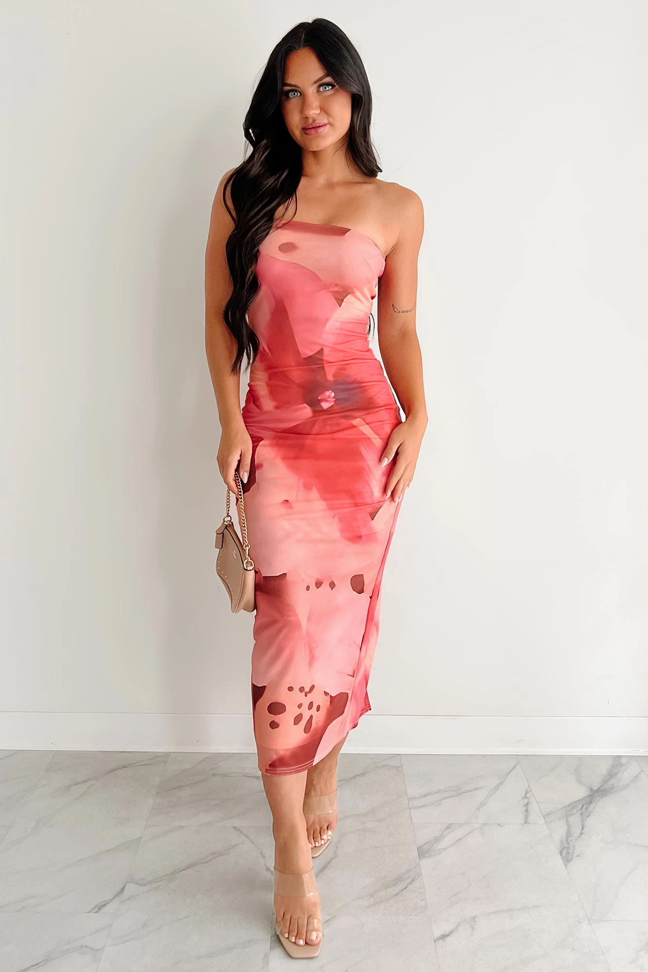 By The Sea Printed Mesh Strapless Midi Dress (Coral Multi) Breezy Fit Belted-Style