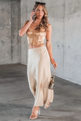 Chic Endeavors Satin Midi Skirt (Champagne) Minimal Cut Soft and Cozy