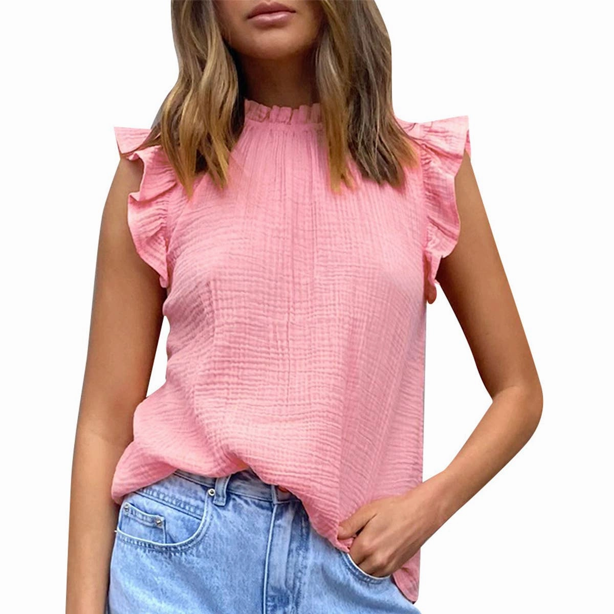 CHIFFON SOLID COLOR PATCHWORK SLEEVELESS BLOUSE_CWTBLSL0361 Breathable Lining Cold Weather