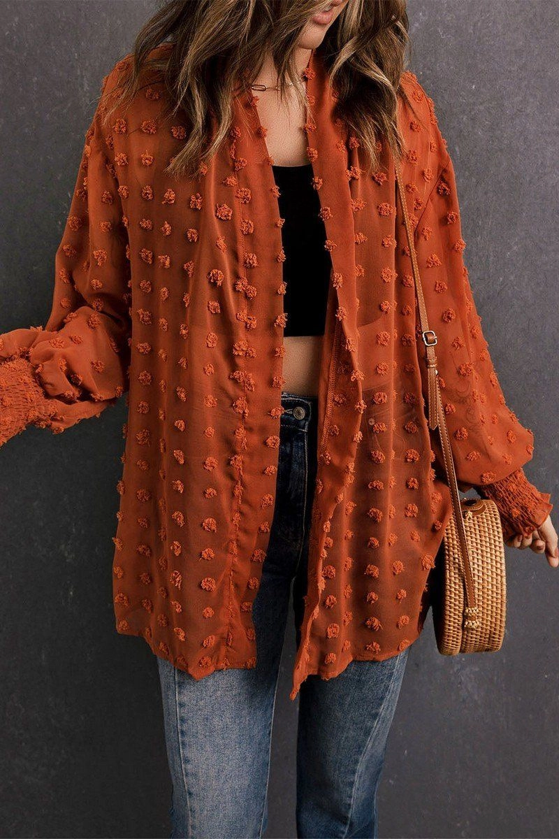 CHIFFON SWISS DOT MID LENGTH SHRUG FOR WOMEN Layered Placket Design