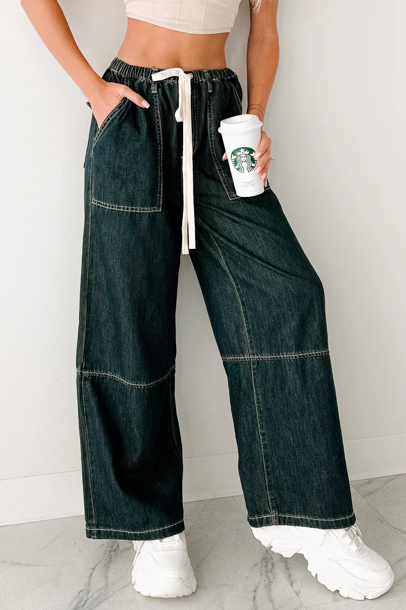 Festival Outfit Comfy Artist Vibe Chill Energy Wide Leg Drawstring Pants (Grey Denim)