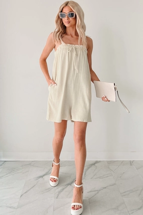 Hidden Zipper Chill & Chat Linen Drawstring Romper (Oat)