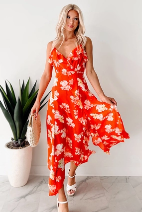 Solid-color Natural Drape Cocktails In Costa Rica Floral Maxi Dress (Orange/Yellow)