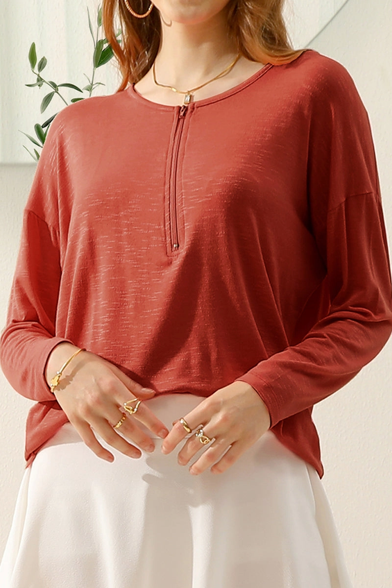 Biodegradable Fiber ZIP-UP R NECK LONG SLEEVE SLUB TUNIC TOP