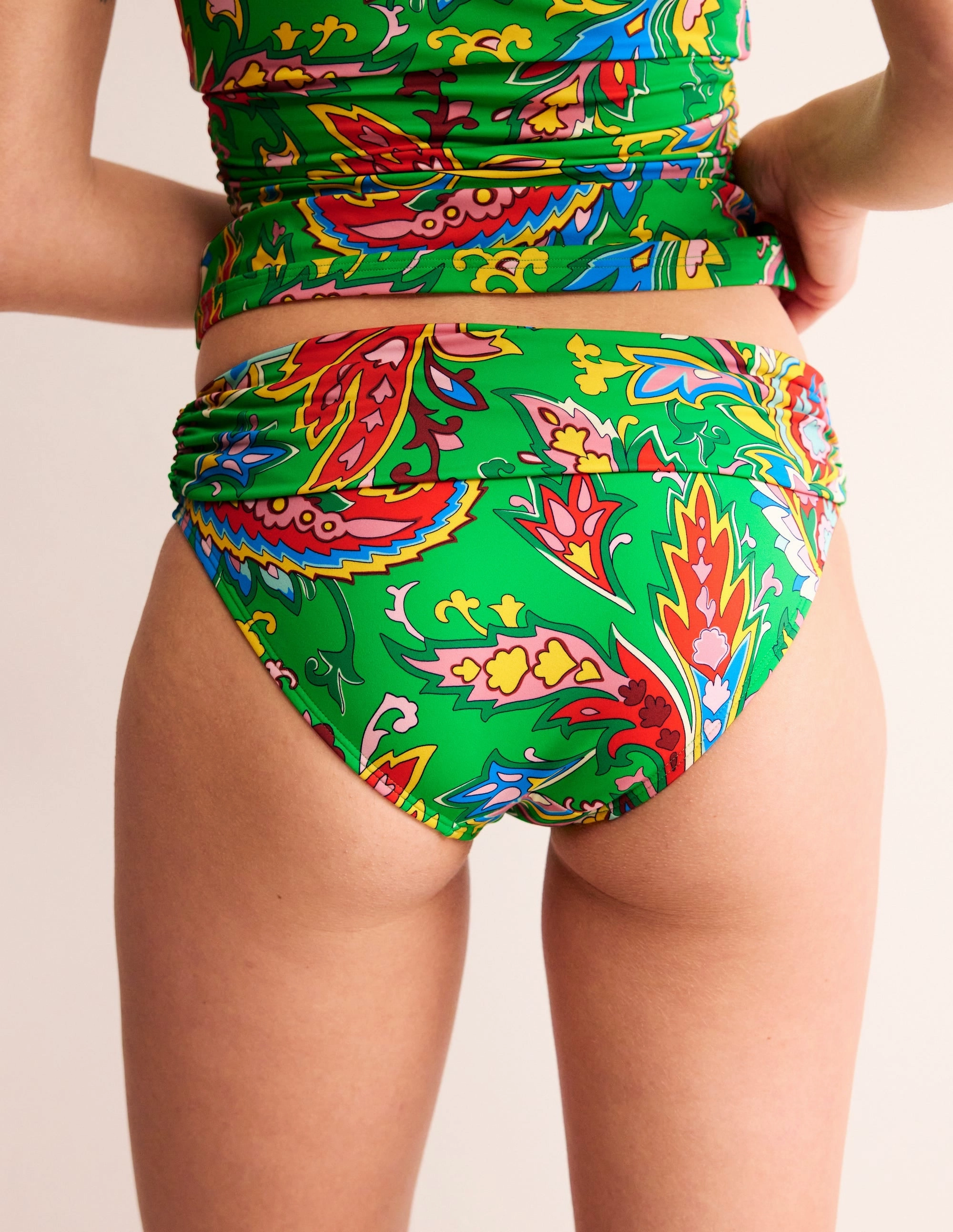 Tropical Swim Outdoor Swimming Classic Fold Bikini Bottoms-Kelly Green, Paisley Azure
