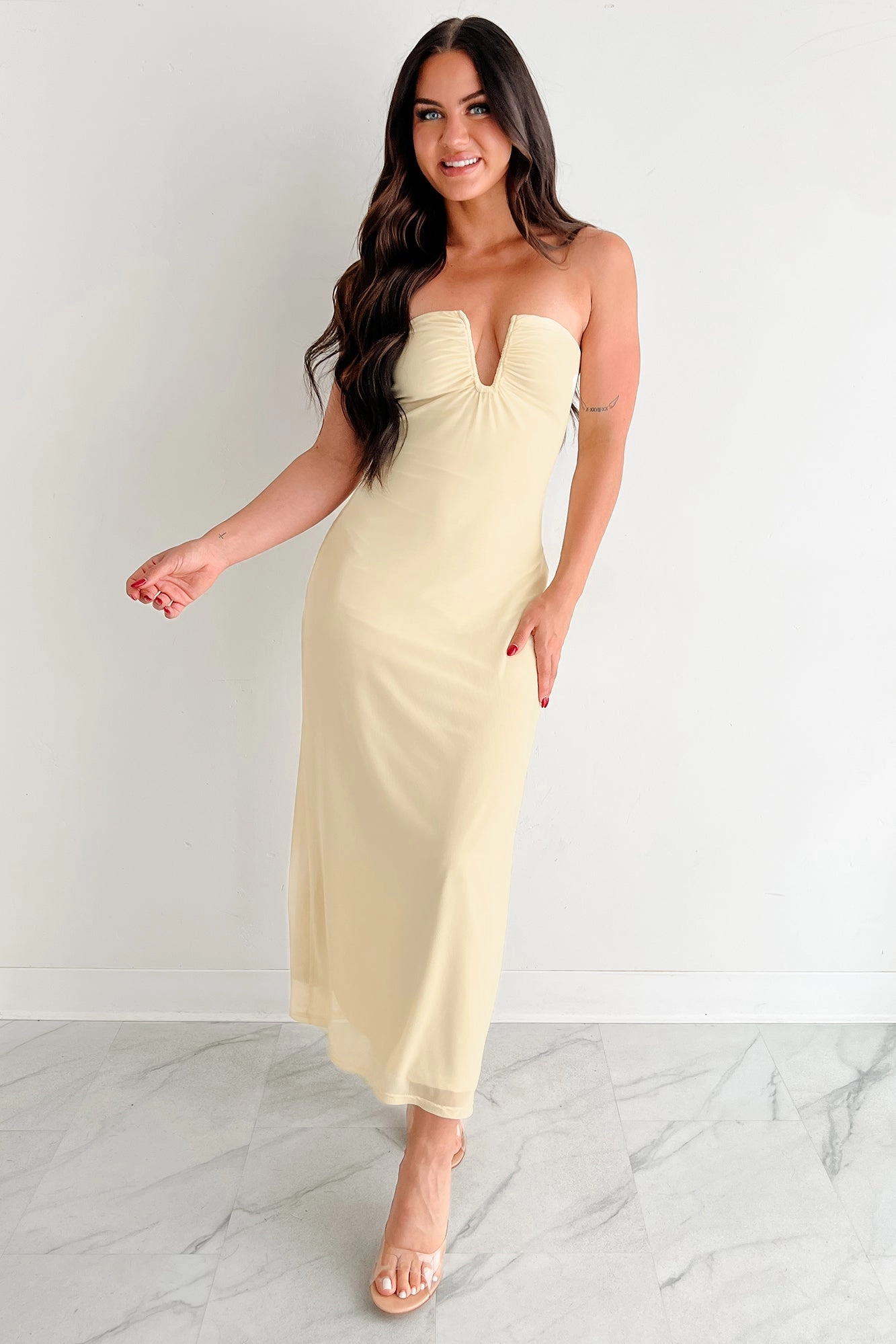Romance Soul Just A Fling Strapless Mesh Maxi Dress (Light Yellow)