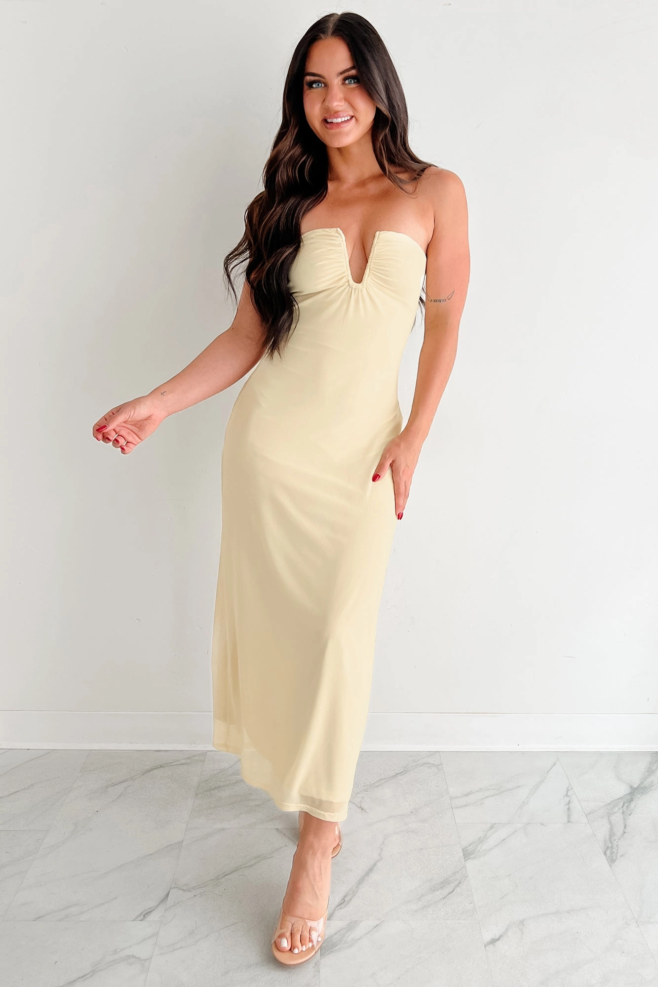 Just A Fling Strapless Mesh Maxi Dress (Light Yellow) Bare Glow Embroidered-Detail