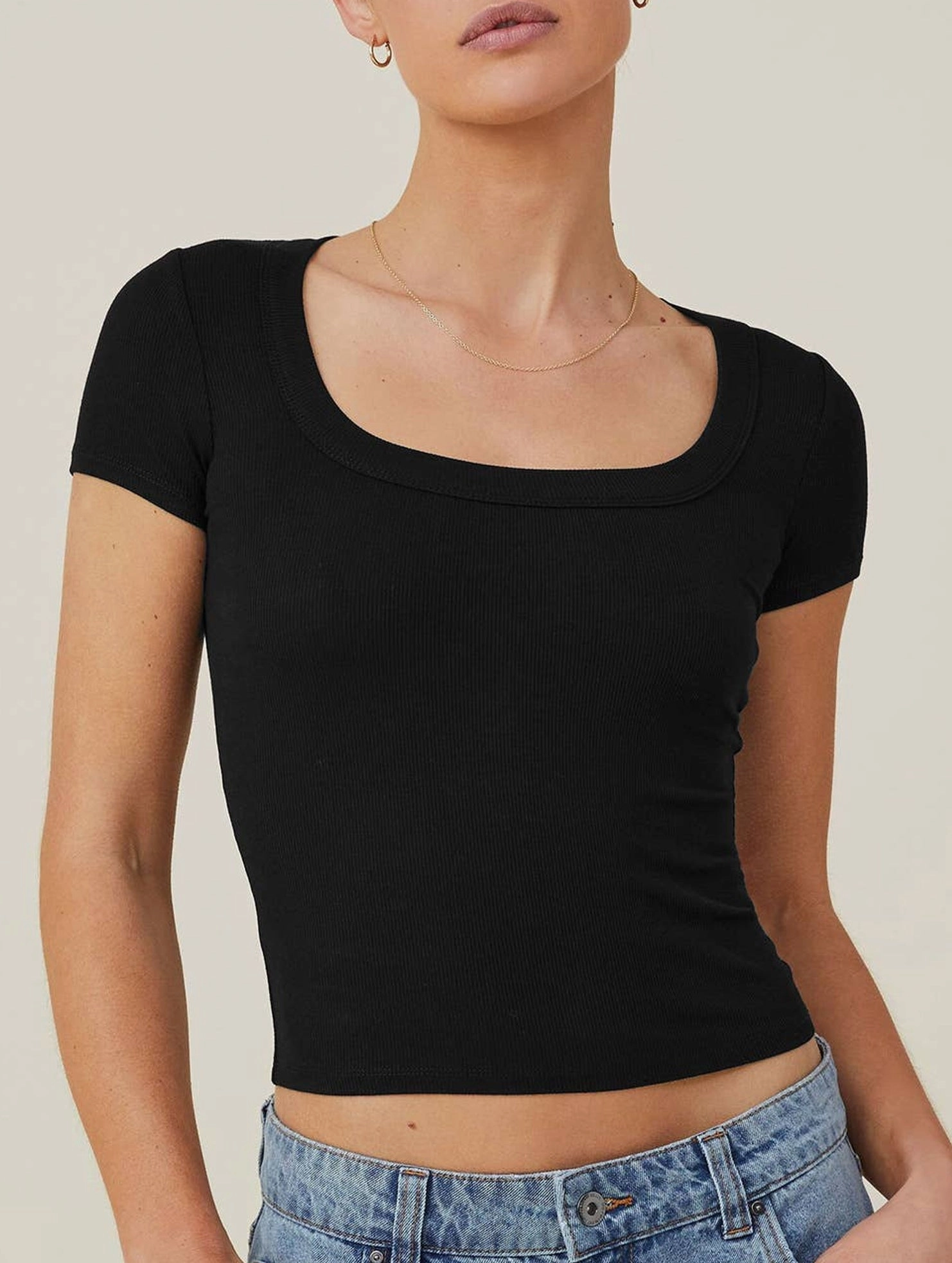 CLASSIC SQUARE NECK SHORT SLEEVE T SHIRT KNIT TOP_CWTSTS0349 Anti Pilling Technology FadeResistant