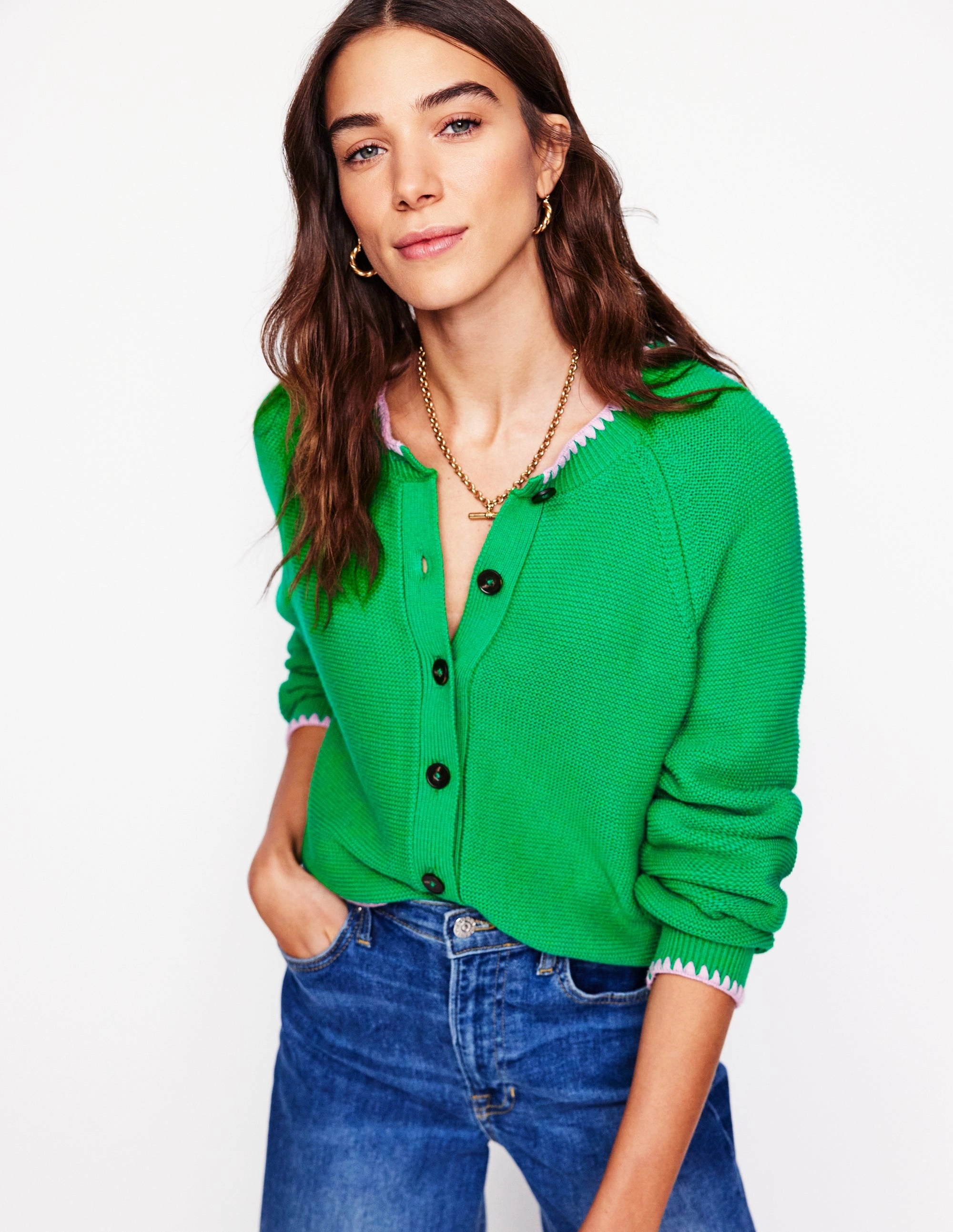 Lena Stitch Detail Cardigan-Rich Emerald Basic Layer