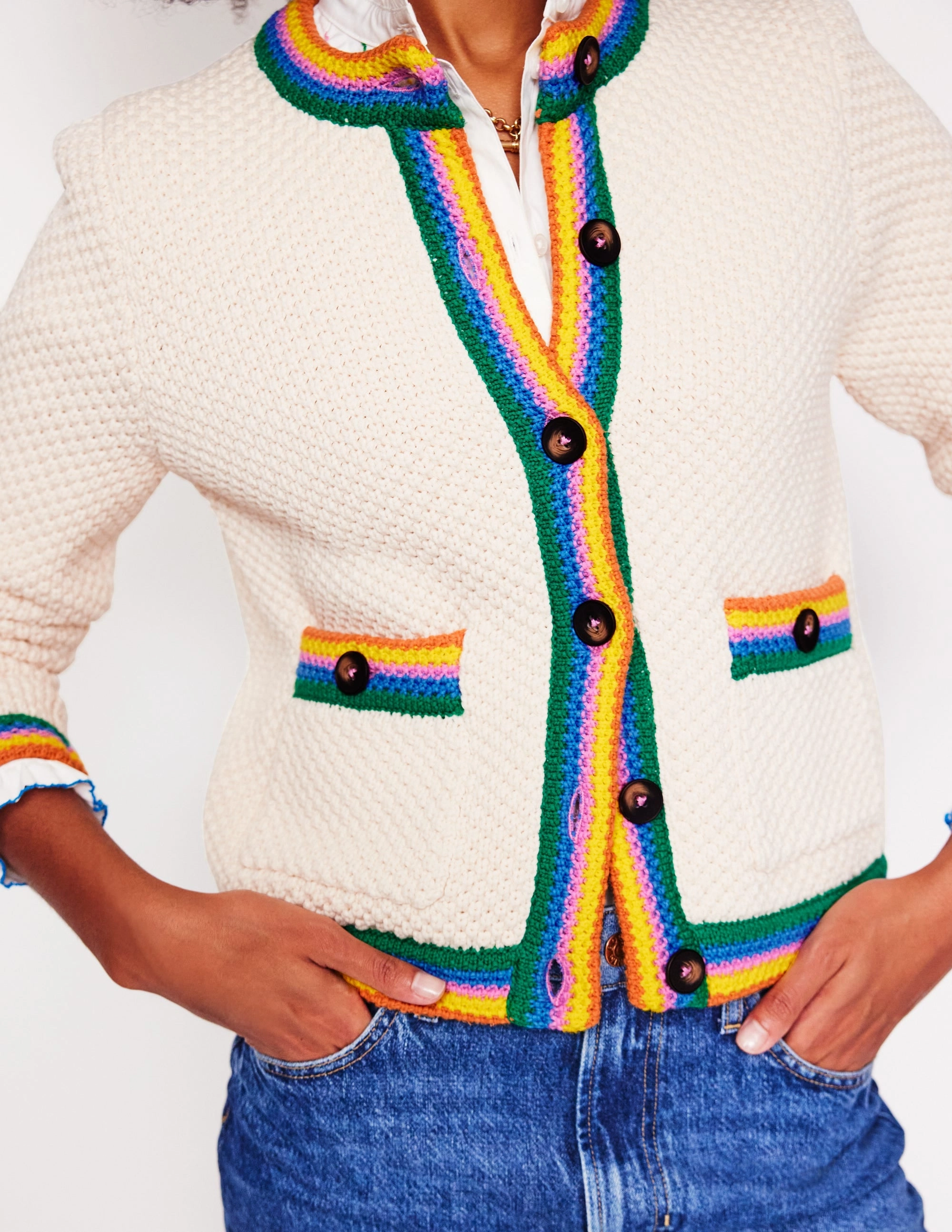 Street Casual Style AntiPilling Technology Libby Knitted Jacket-Warm Ivory, Rainbow