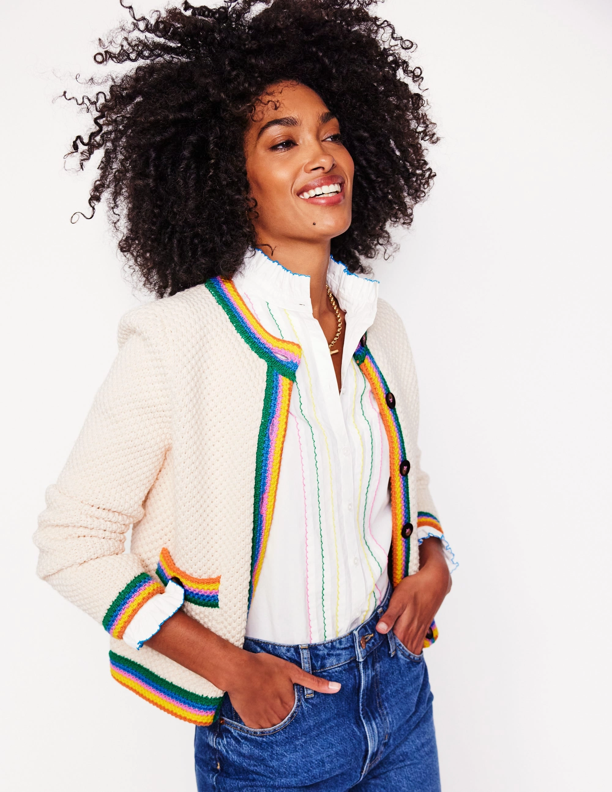 Libby Knitted Jacket-Warm Ivory, Rainbow Jacquard Weave Versatile Layer