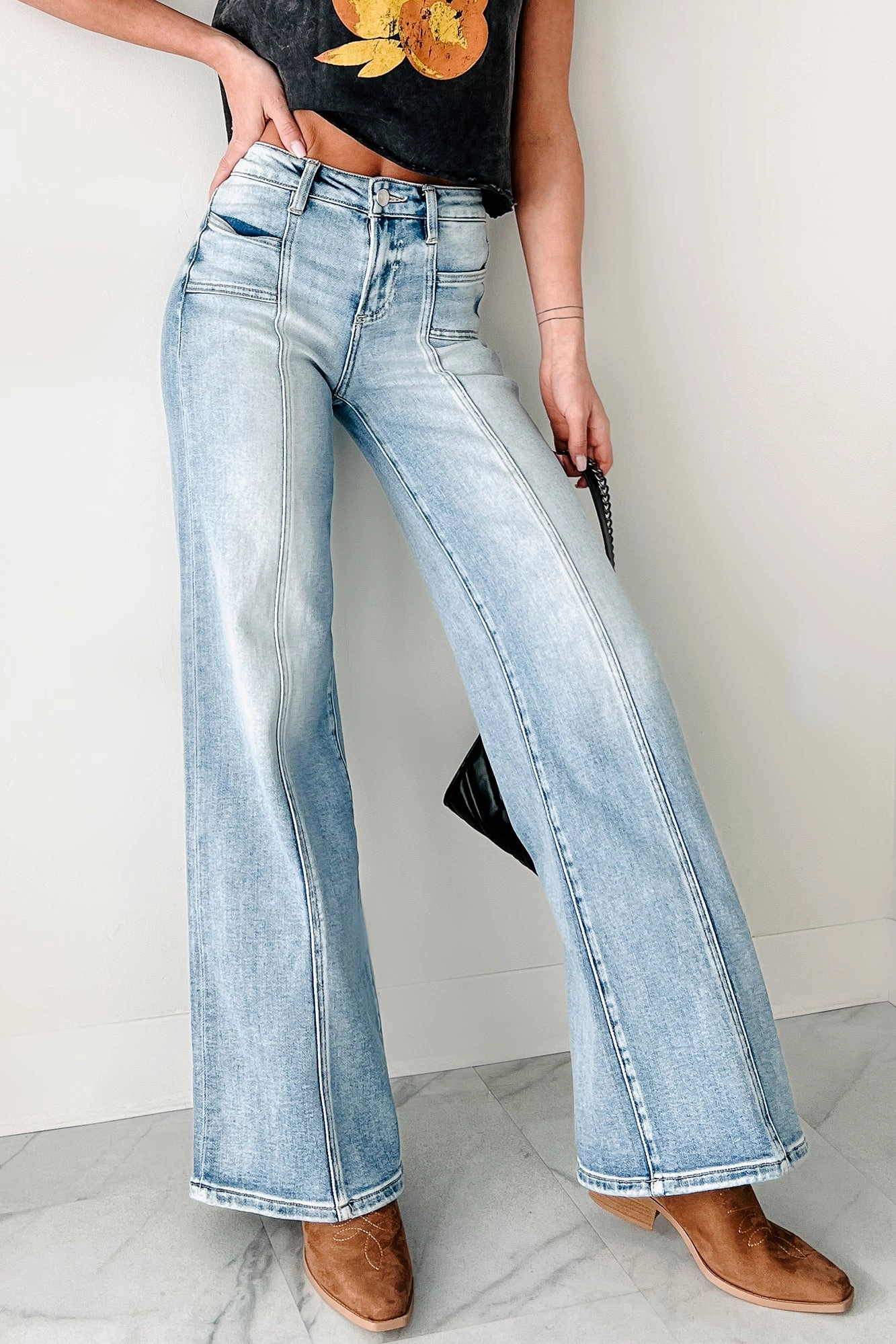 Cleopatra High Rise Wide Leg Risen Jeans (Medium) Stretch Weave Construction