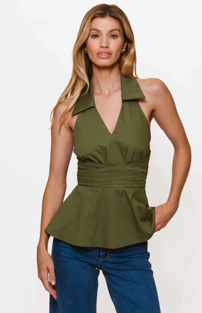 LightweightLayeredFabric Colbie Halter Neck Twist Top in Olive