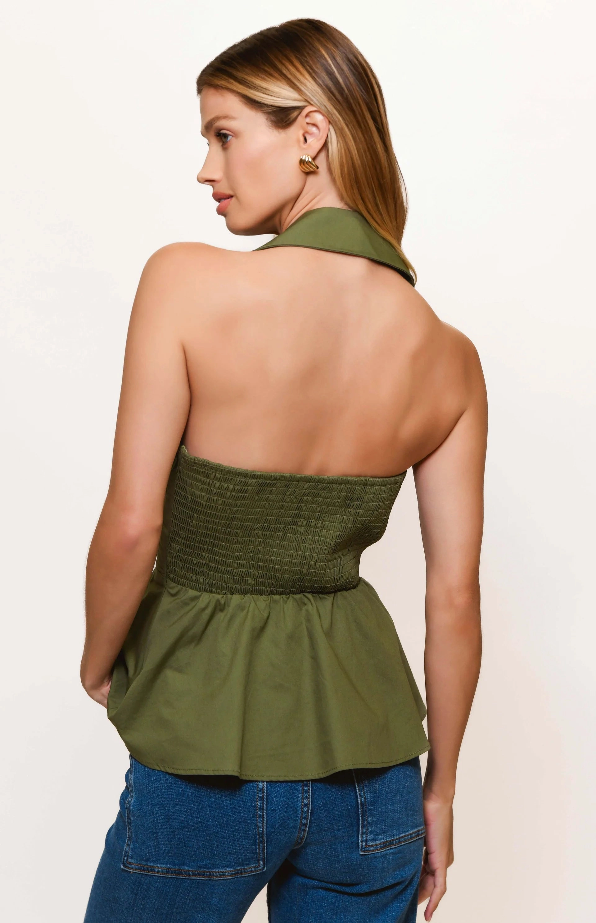 Durable Reinforced Hem Colbie Halter Neck Twist Top in Olive