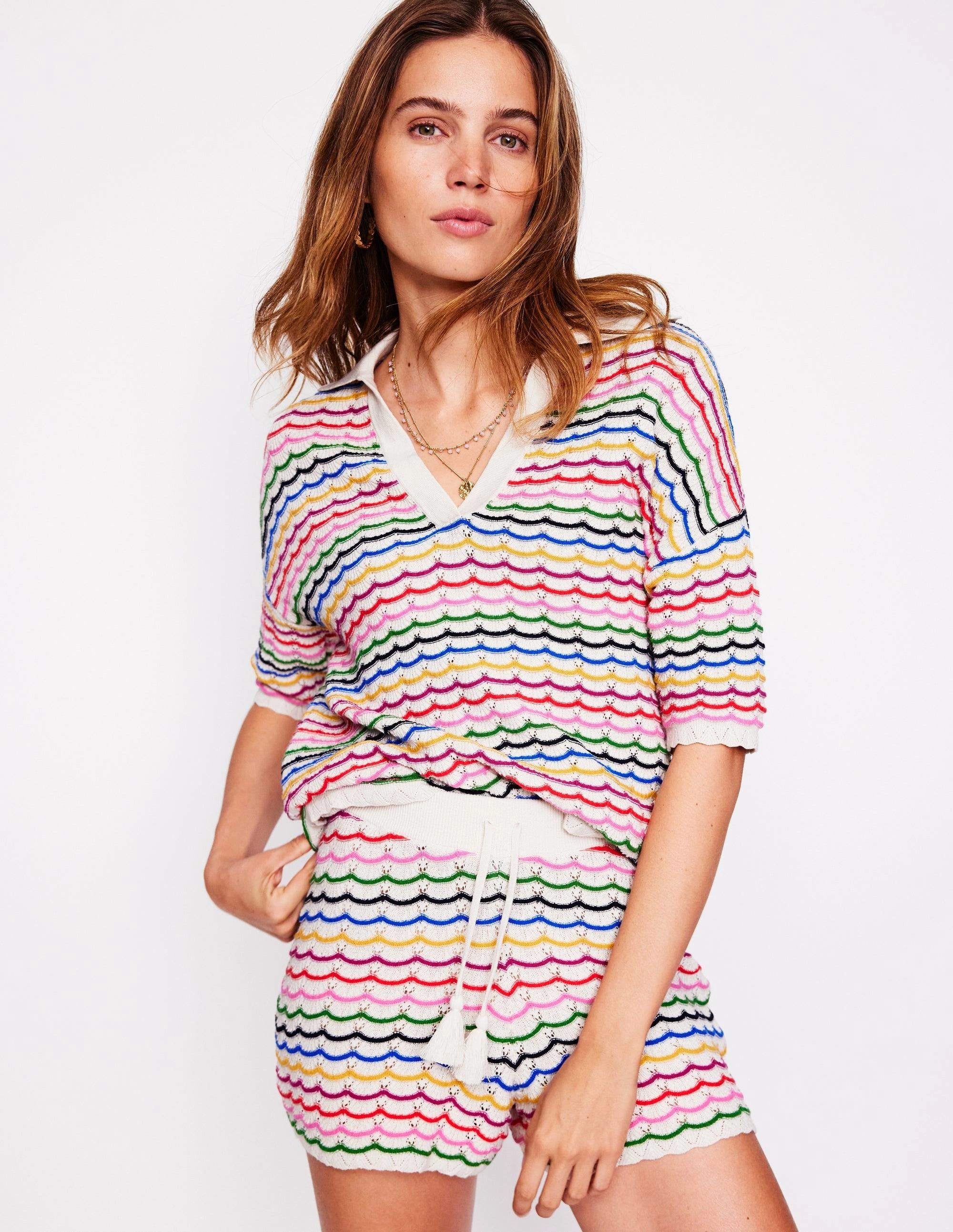 Collared Henley Jumper-Multi, Rainbow Layered Ventilation Design