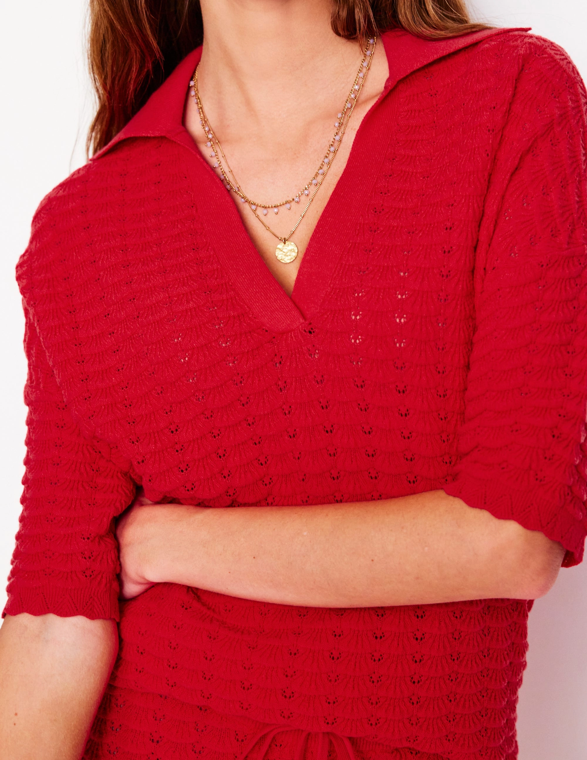 Collared Henley Jumper-Strawberry Tart Red No Fuss Interlock Knit Structure