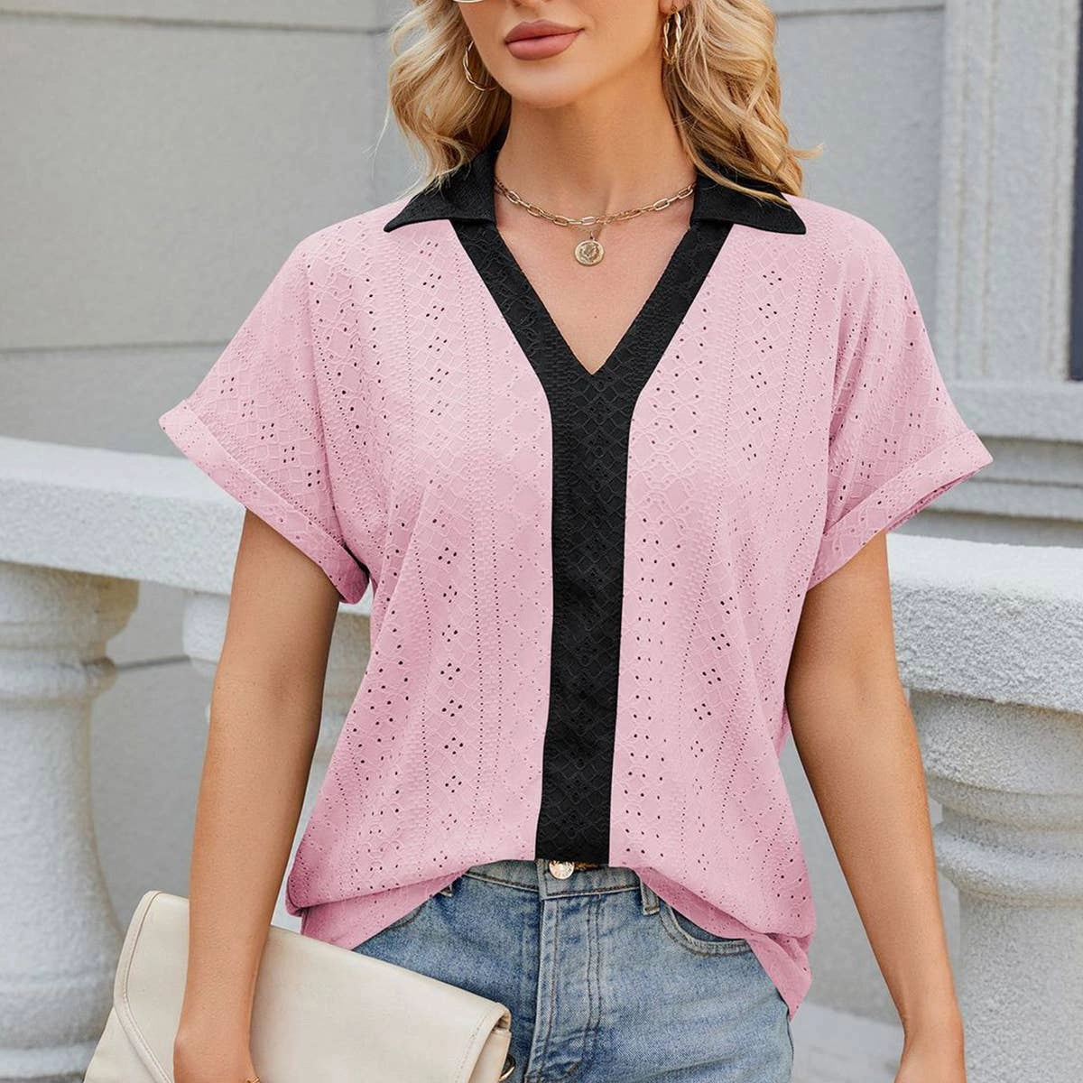 Multi Pocket Configuration NonChafingTrim COLLARED SHORT SLEEVE CASUAL T-SHIRT BLOUSE_CWTBLS0515