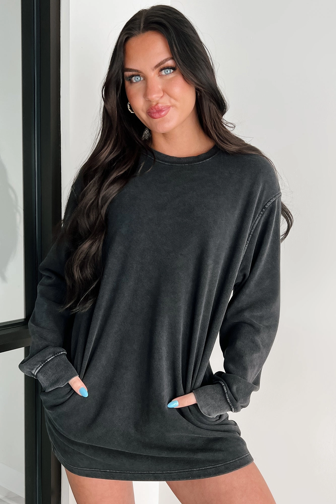 Water-Repellent-Finish Chilly Weather Wear Essentially Comfortable Oversized Sweatshirt Dress (Black)