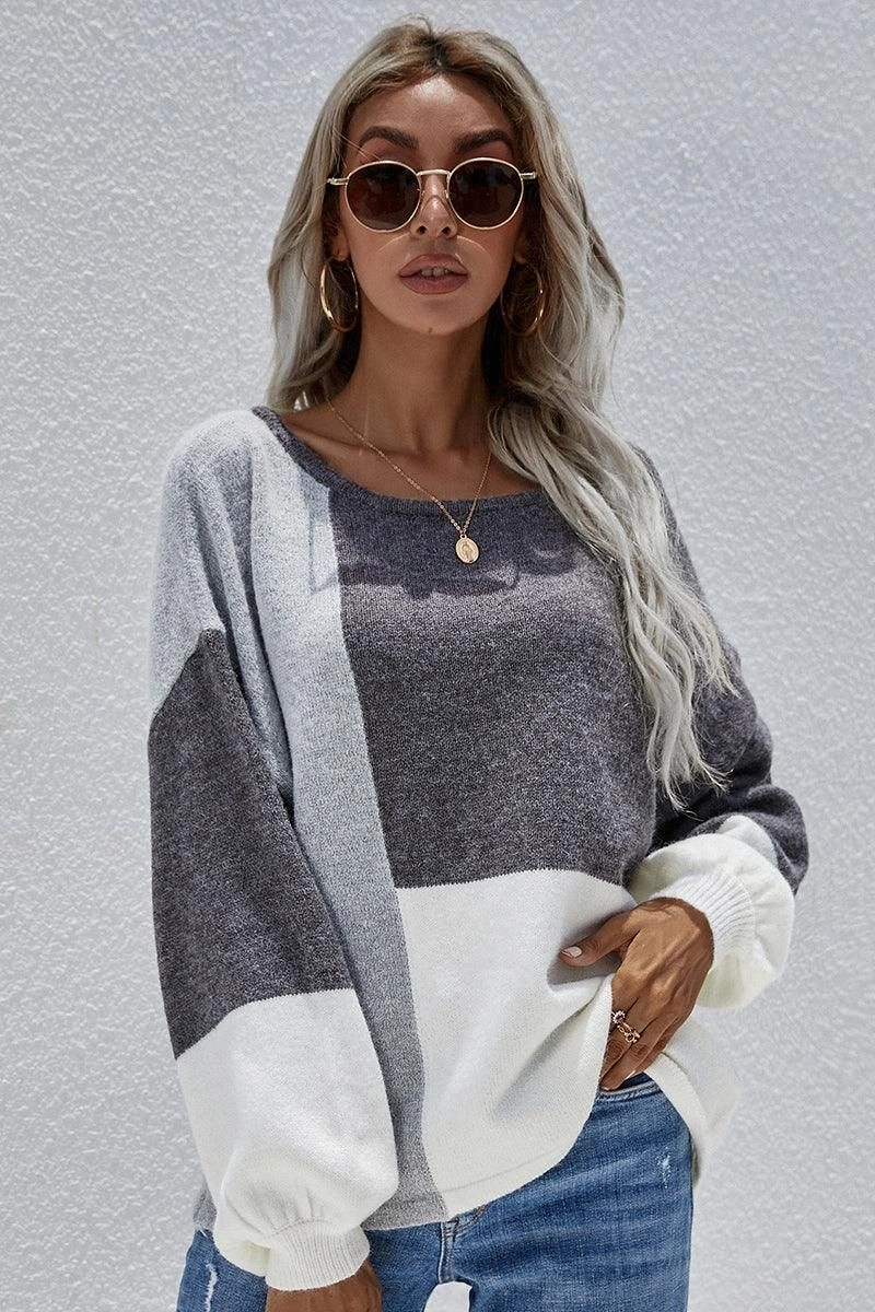 Circular Knit Technique FrictionResistant Edges COLOR BLOCK ROUND NECK SWEATER TOP FOR WOMEN
