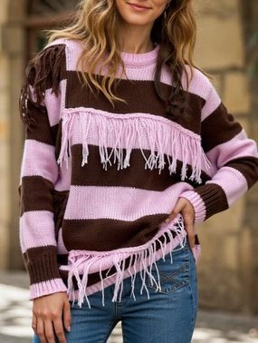 QuickDry NonFade Dye Color-blocked hand-knit tassel sweater