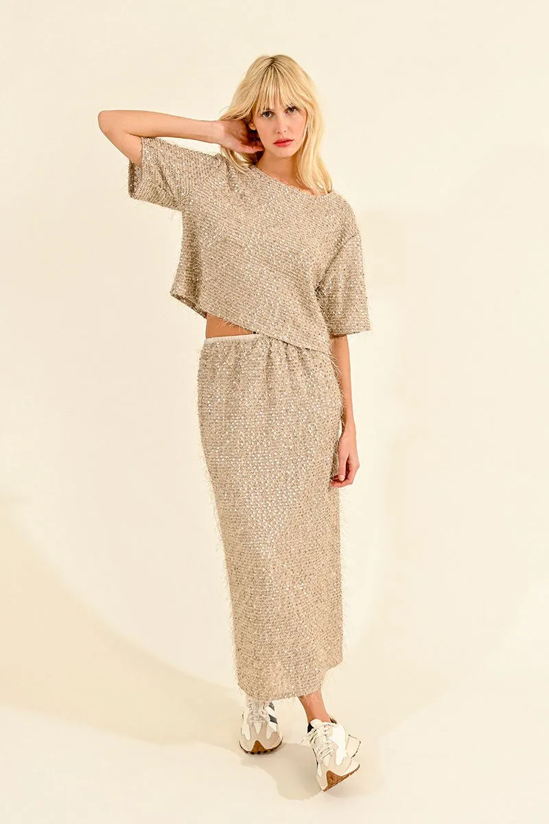 Stylish Choice Layered Design Sequin and Eyelash Skirt in Light Beige