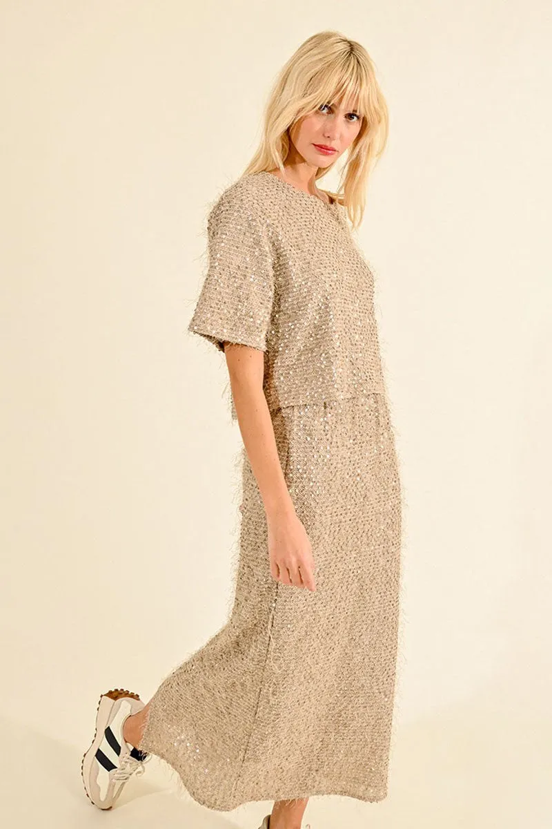 Everyday Essential Sequin and Eyelash Skirt in Light Beige