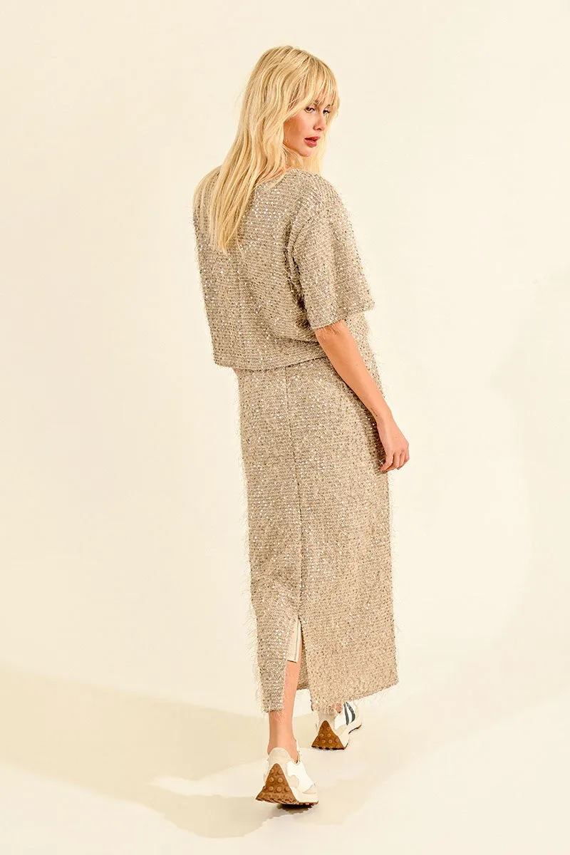 Smart Comfort Sequin and Eyelash Skirt in Light Beige