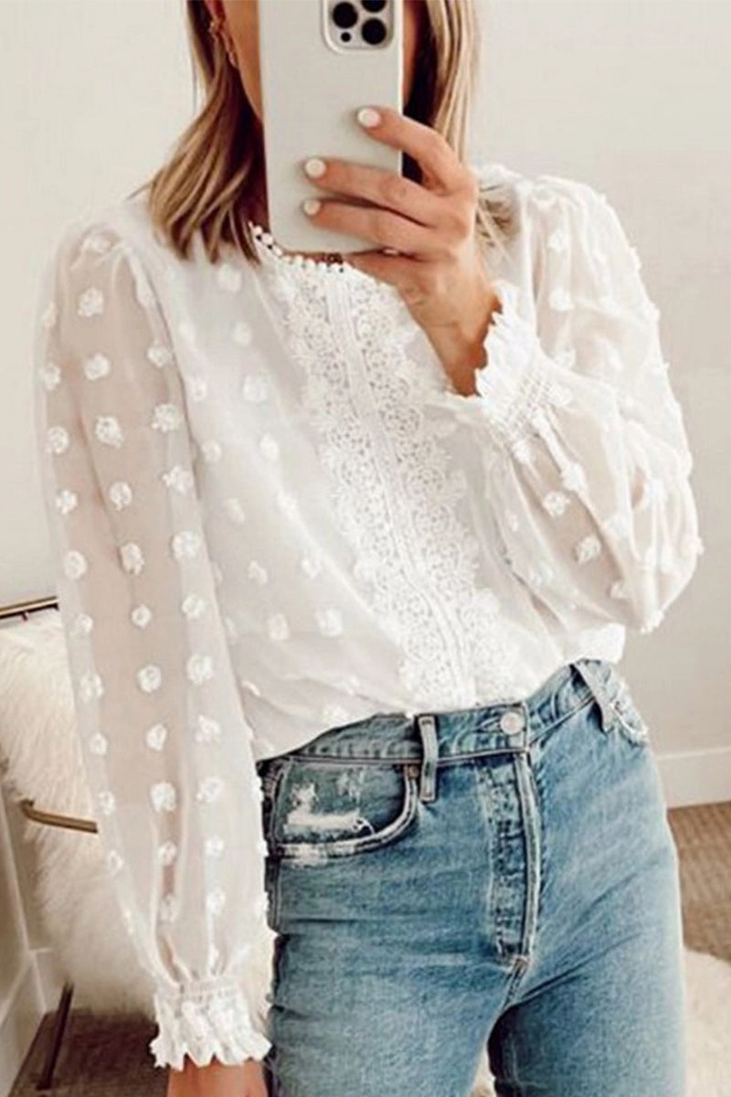 SoftTouch WOMEN LACE SWISS DOT RUFFLE CUFF BLOUSE