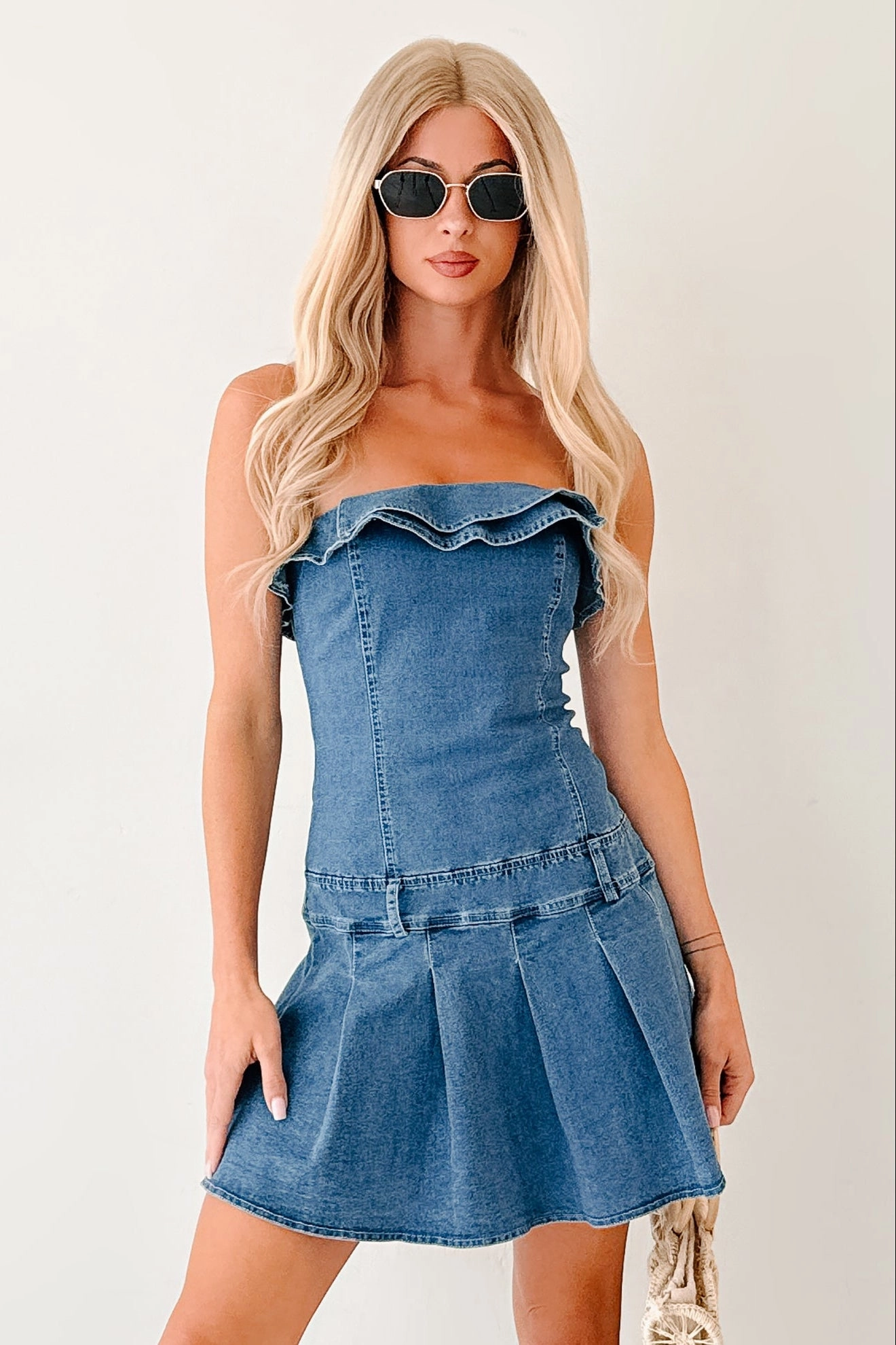 Work It Out Strapless Pleated Ruffle Mini Dress (Denim) Easy Movement