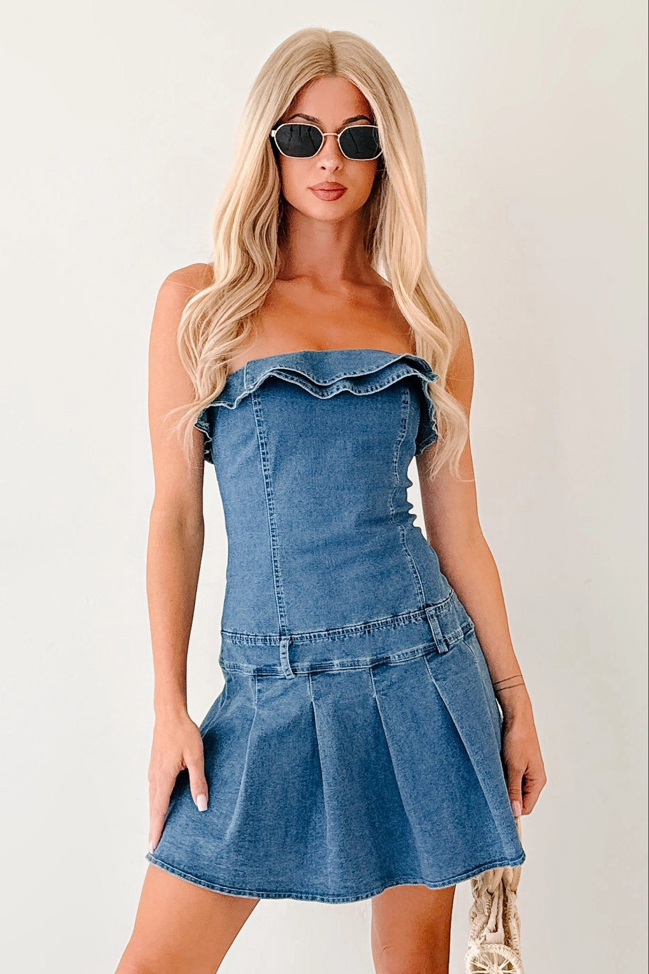 Work It Out Strapless Pleated Ruffle Mini Dress (Denim) Garment Washed Softness Friction Resistant Edges