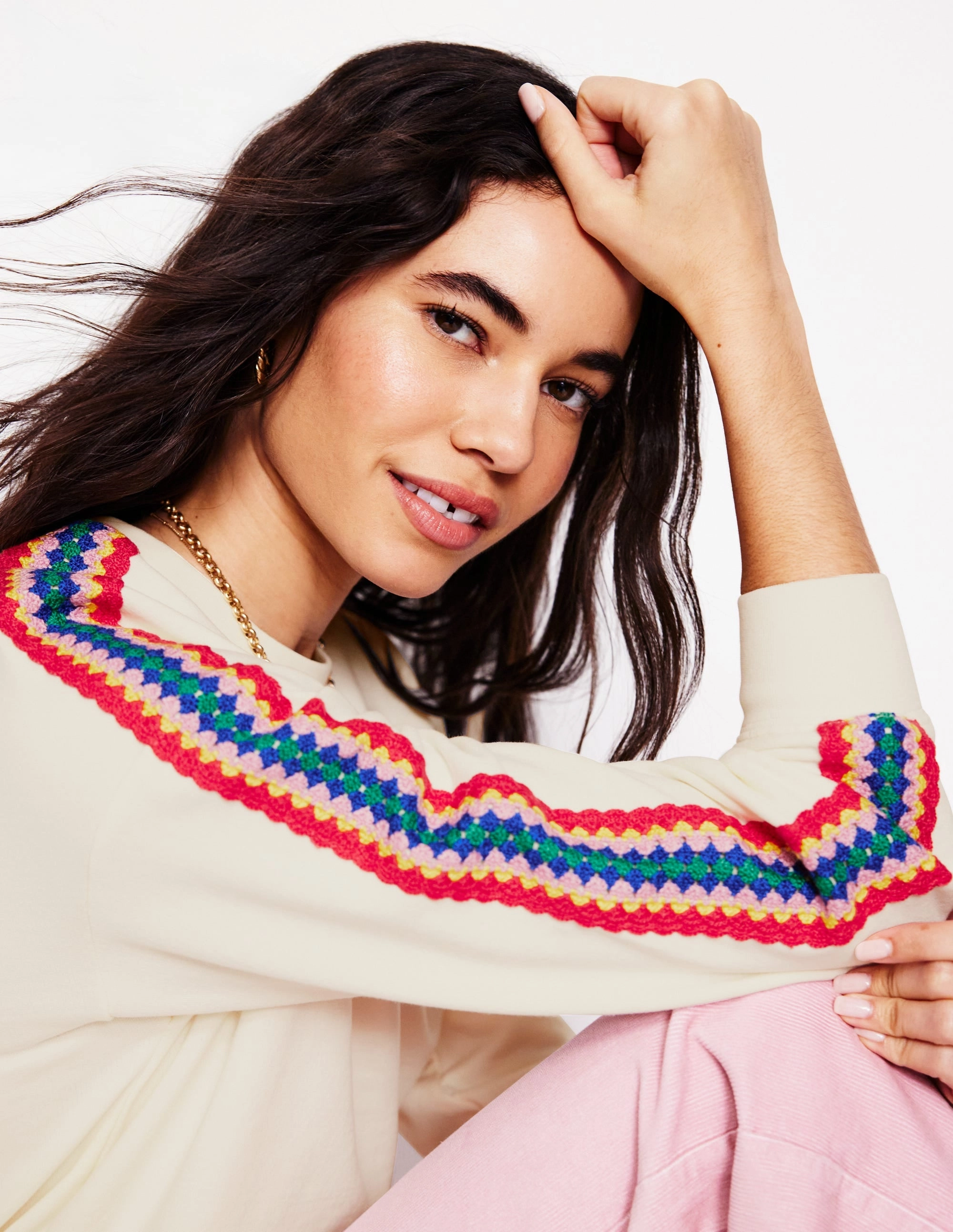 Emi Crochet Sweatshirt-Ivory StainResistantFinish RibbedNeckline