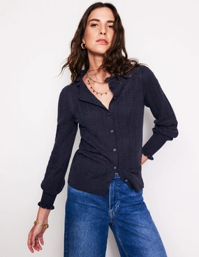 Tia Pointelle Frilled Cardigan-Navy Work From Home