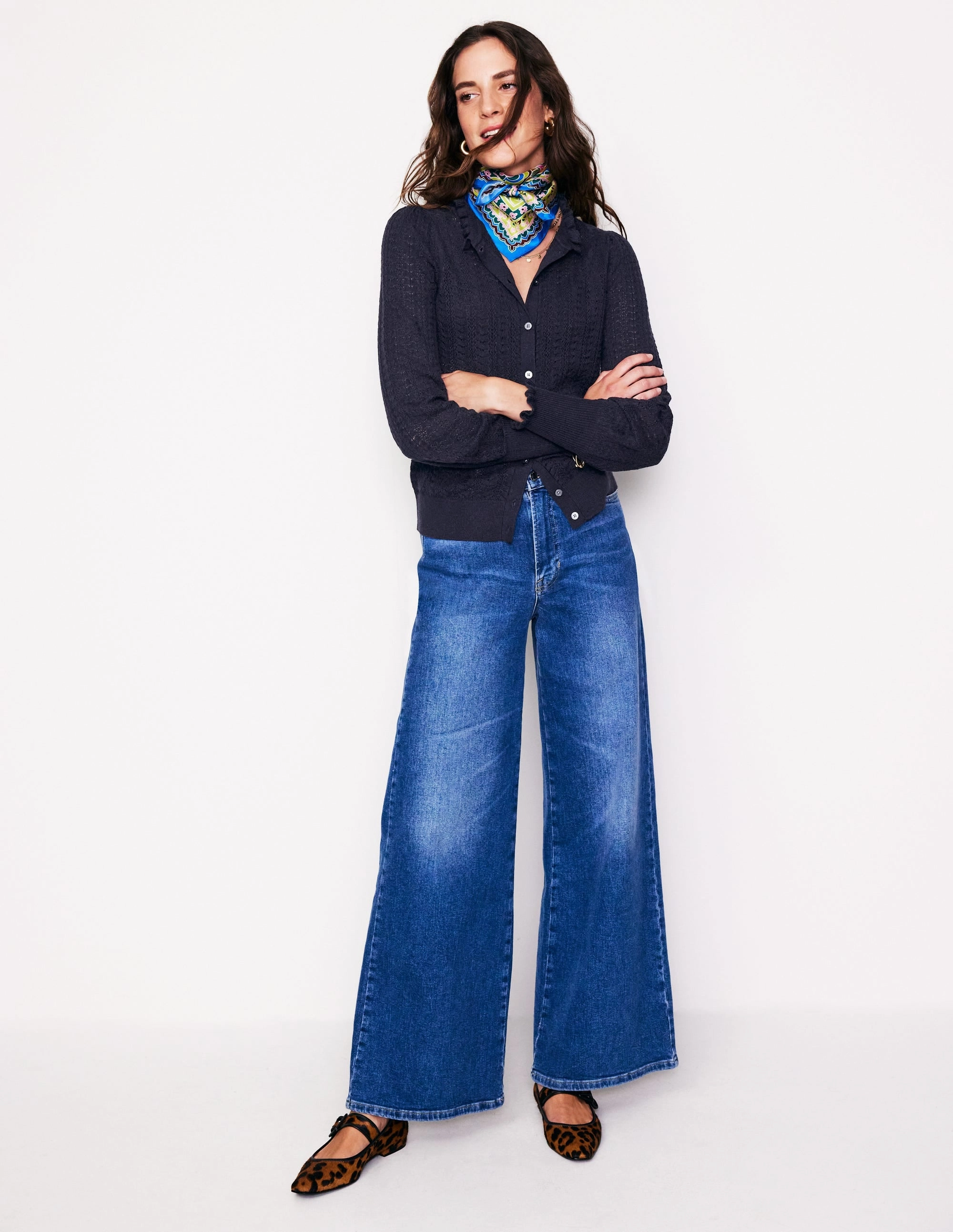 Gentle Fit Tia Pointelle Frilled Cardigan-Navy