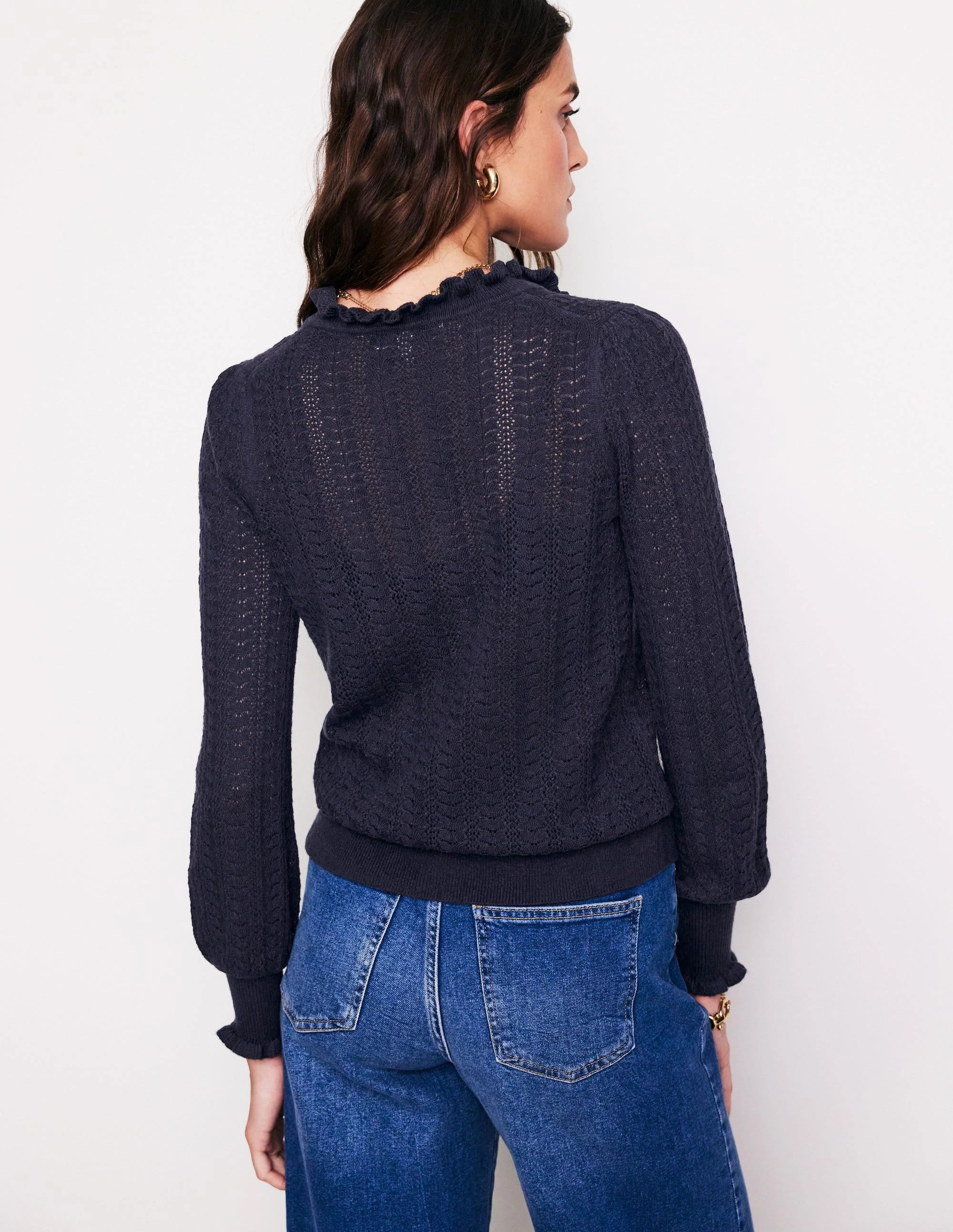 Base Layer Minimal Layer Tia Pointelle Frilled Cardigan-Navy