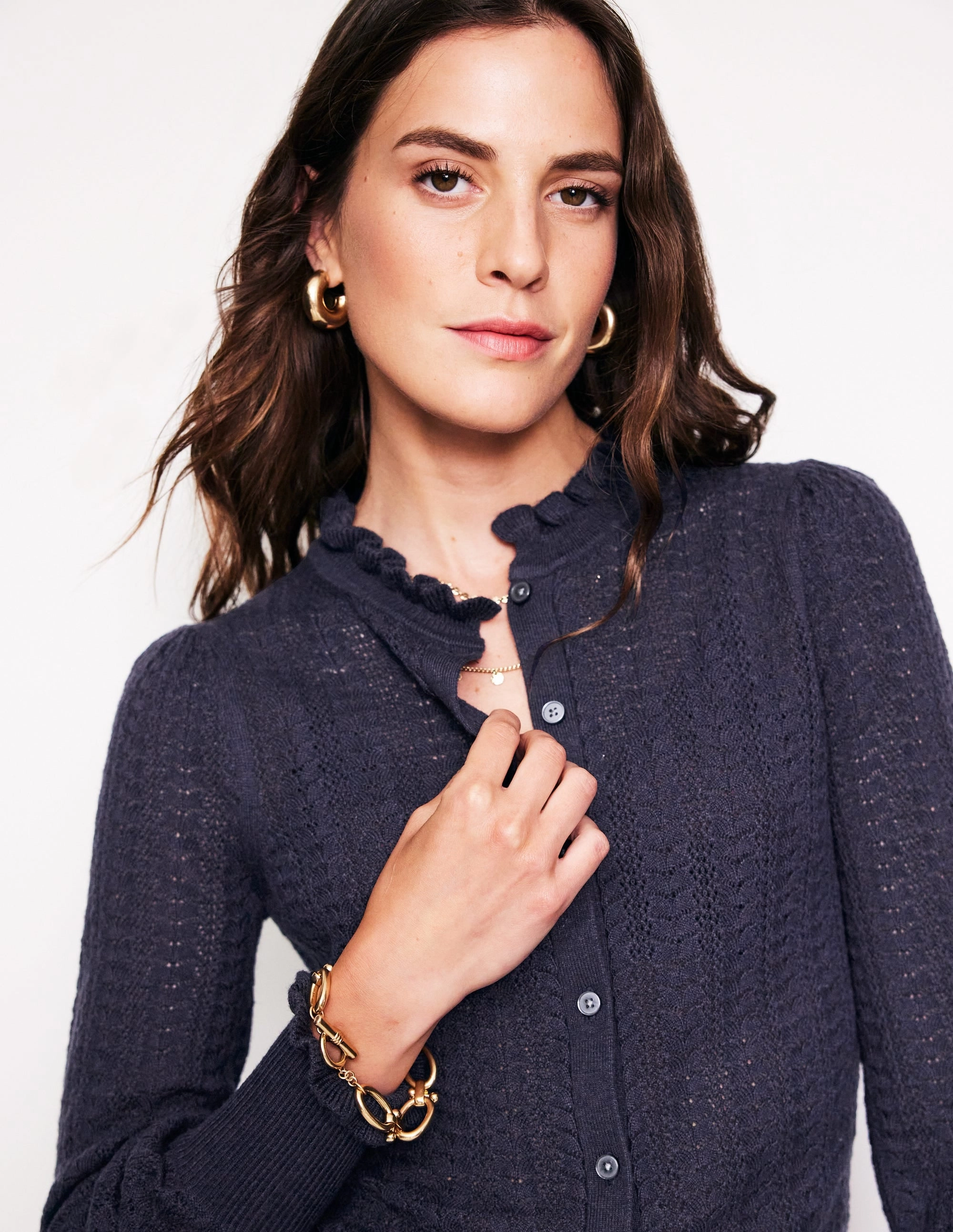 Organic Cotton Yarn Non Irritating Edging Tia Pointelle Frilled Cardigan-Navy