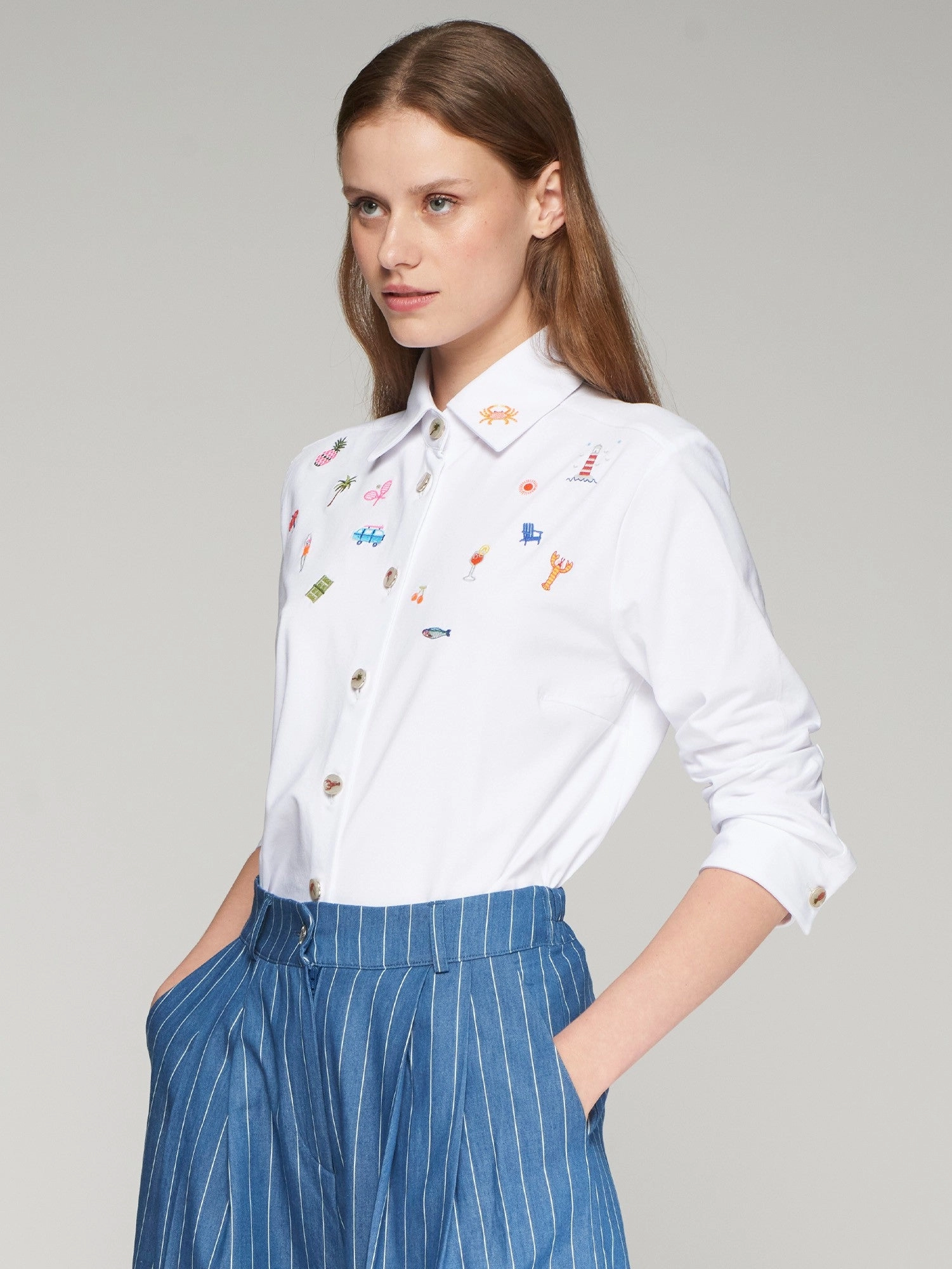 Tailored Silhouette Four Way Stretch Embroidered Petra Shirt in Punto Blanco