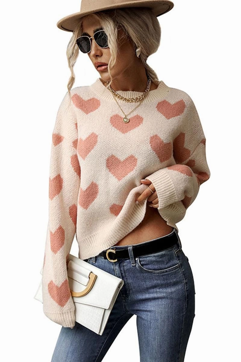Flexible Hemline HEART PRINTING WARM CUTE SWEATER