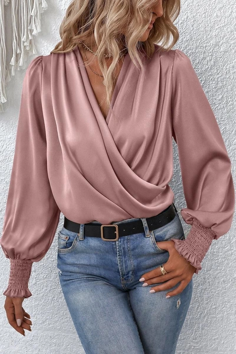 WOMEN CROSS WRAP RIBBED SLEEVE BLOUSE TOP CarbonNeutral Production