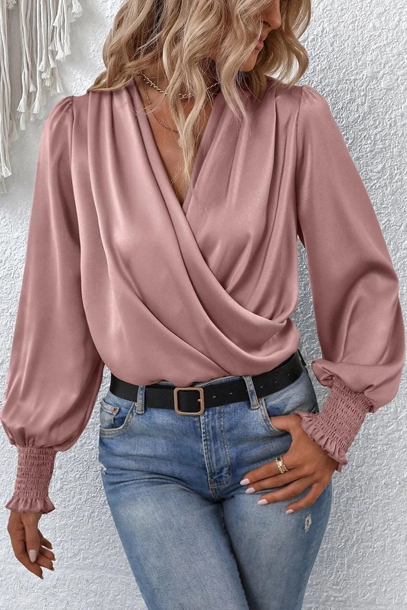 Modular Pocket Layout Thermal regulation WOMEN CROSS WRAP RIBBED SLEEVE BLOUSE TOP