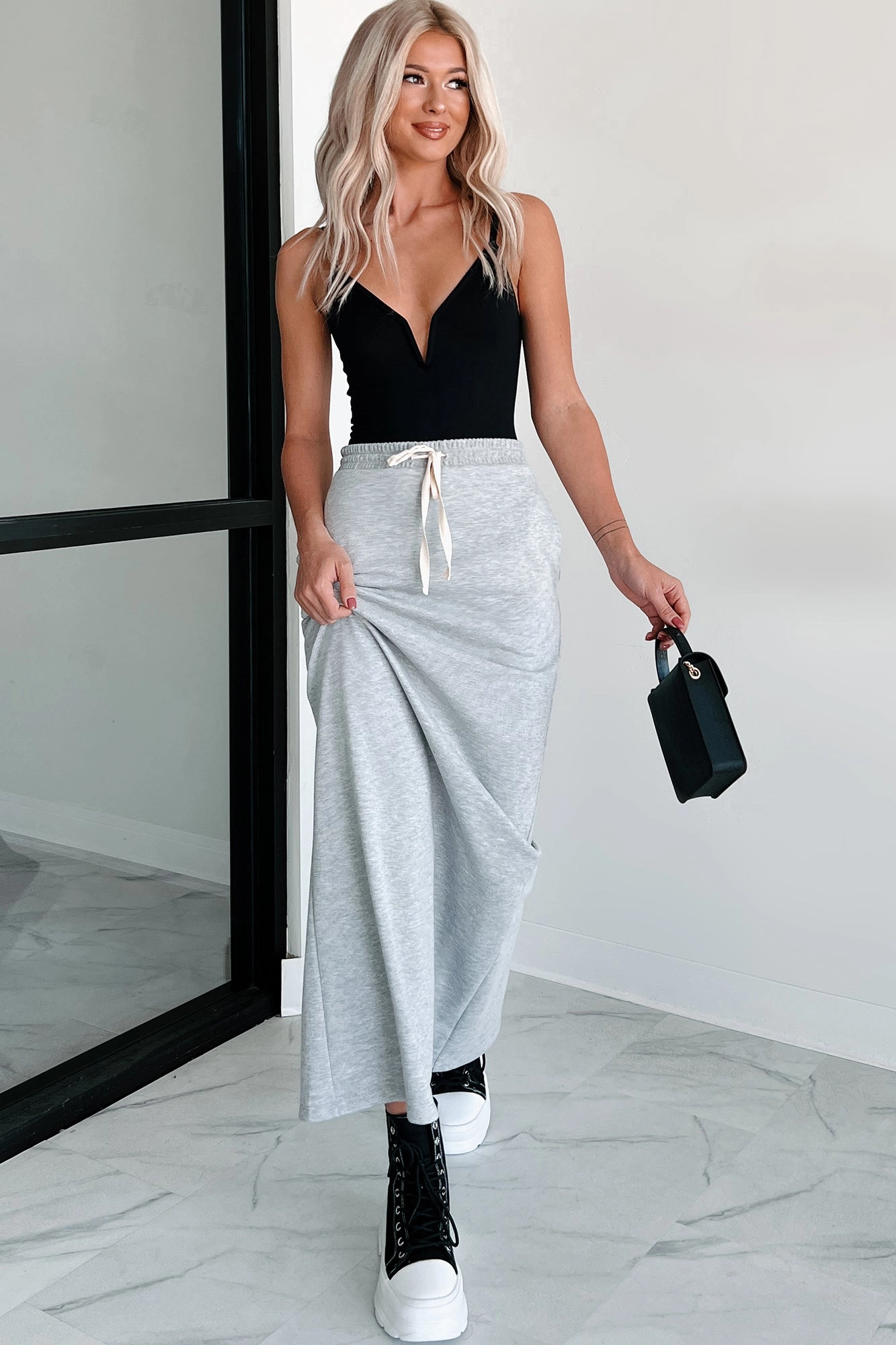 Conquering Today Sporty Knit Maxi Skirt (Heather Grey) MoistureWickingLining