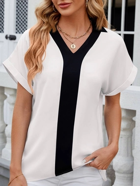 CONTASTING COLOR COLLARED CHIFFON BLOUSE_CWTBLS0516 TaglessComfort