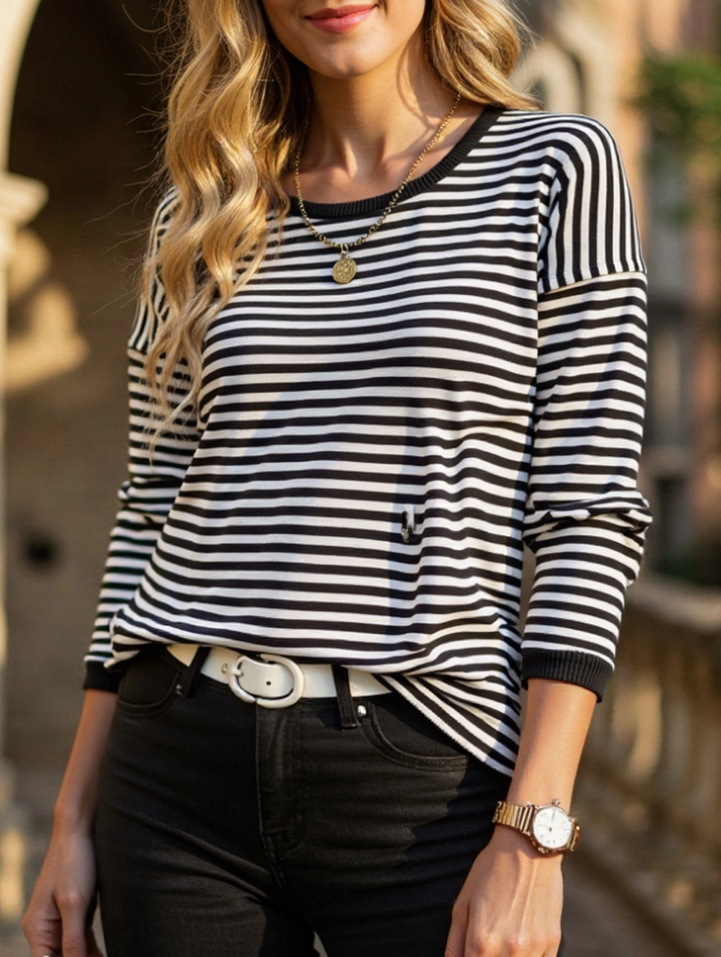 Buttery Soft Feel LayeredCuff Contrast trim Striped Knit top