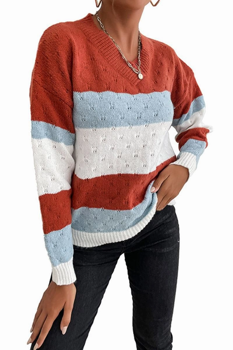 PATTERN KNIT STRIPE CASUAL SWEATER TOP Low Profile Waistband Integration