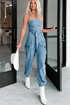 Ignite Your Passion Denim Cargo Jumpsuit (Denim) High Neck